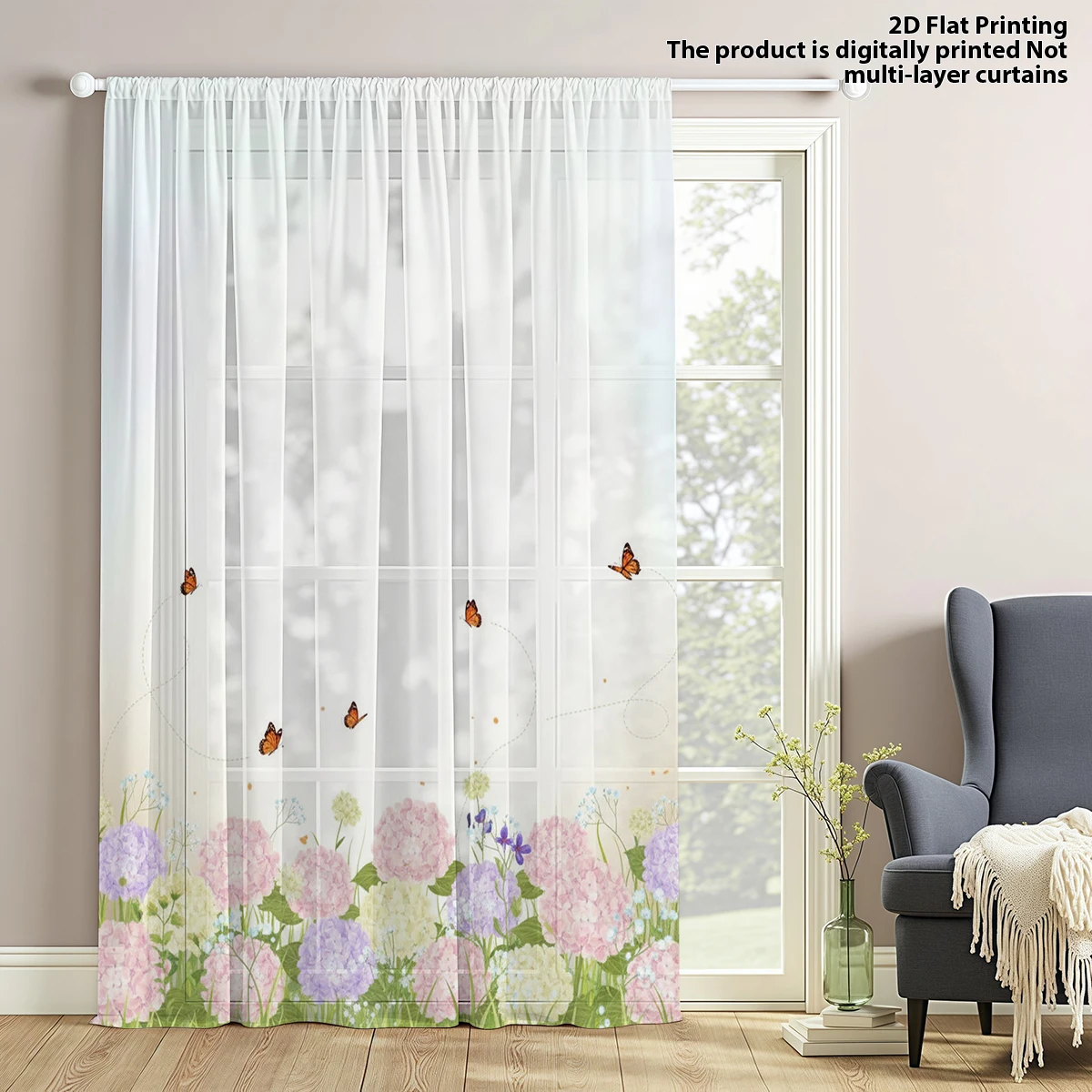 Floral Sheer Curtains Hydrangea Butterfly Print Rod Pocket Window Curtains for Bedroom Light Filtering Voile Drapes 1 Panel
