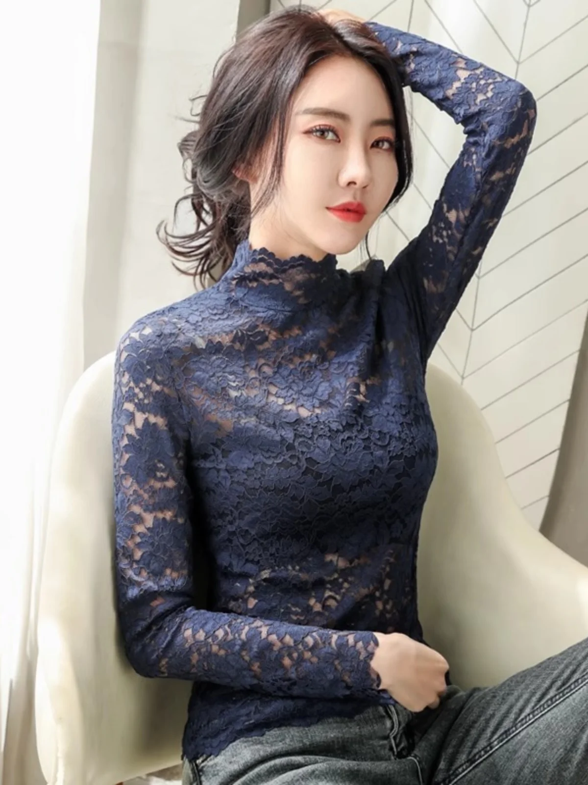 

Весенняя модная женская футболка с длинным рукавом, кружевными вставками и вырезами, облегающая, однотонная, базовая, для свадьбы