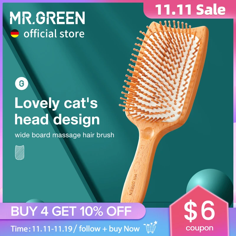 

MR.GREEN Hair Brush Wide Board Massage Natural Beech Cat's Head Design Comb Gasbag Hairbrush For Dry Wet Hair Detangler Women