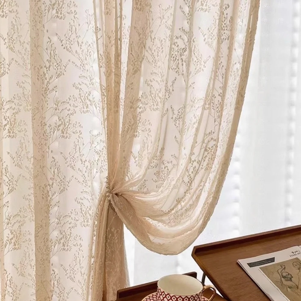 French Lace Embroidered Sheer Curtain Panel, Minimalist Style Drapes for Bedroom Living Room Balcony Window, High-End Light-Pene