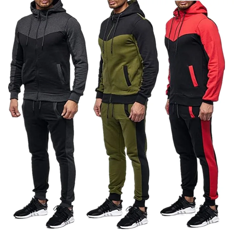 Fleece-lined Hooded Men's Sportswear Set, Outdoor Running Two Piece Set, Color-blocked Drawstring Mens Tracksuit