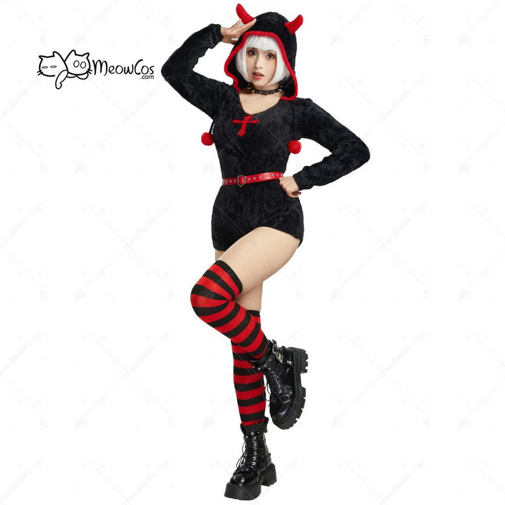 MEOWCOS Women Gothic Halloween Style Bodycon Romper Plush Homewear Black Red Cross Hooded Bodysuit with Belt and Choker