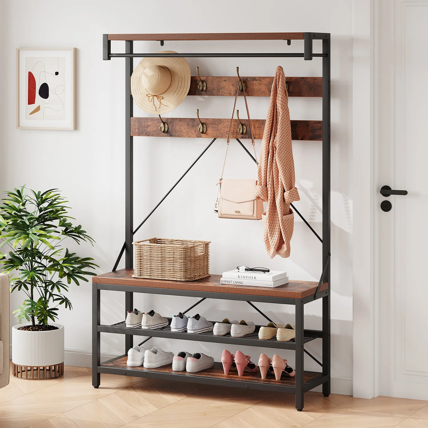 Industriële hal-kapstok met schoenenbank, 2-laags schoenenopbergruimte, haak, hangstang, metalen frame voor hal, kleedkamer, slaapkamer