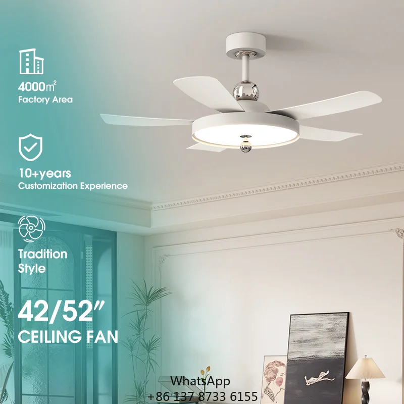 Modern Electric White Metal Ceiling Fan LED Light 5-Blade Design Remote Control DC Motor Silent Operation For Home Hotel Decor