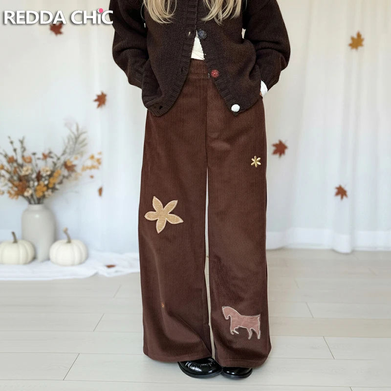 

REDDACHiC вельветовые брюки с тыквой и карамелью для женщин, свободные широкие брюки с высокой талией и милыми цветочными заплатками, винтажная повседневная одежда