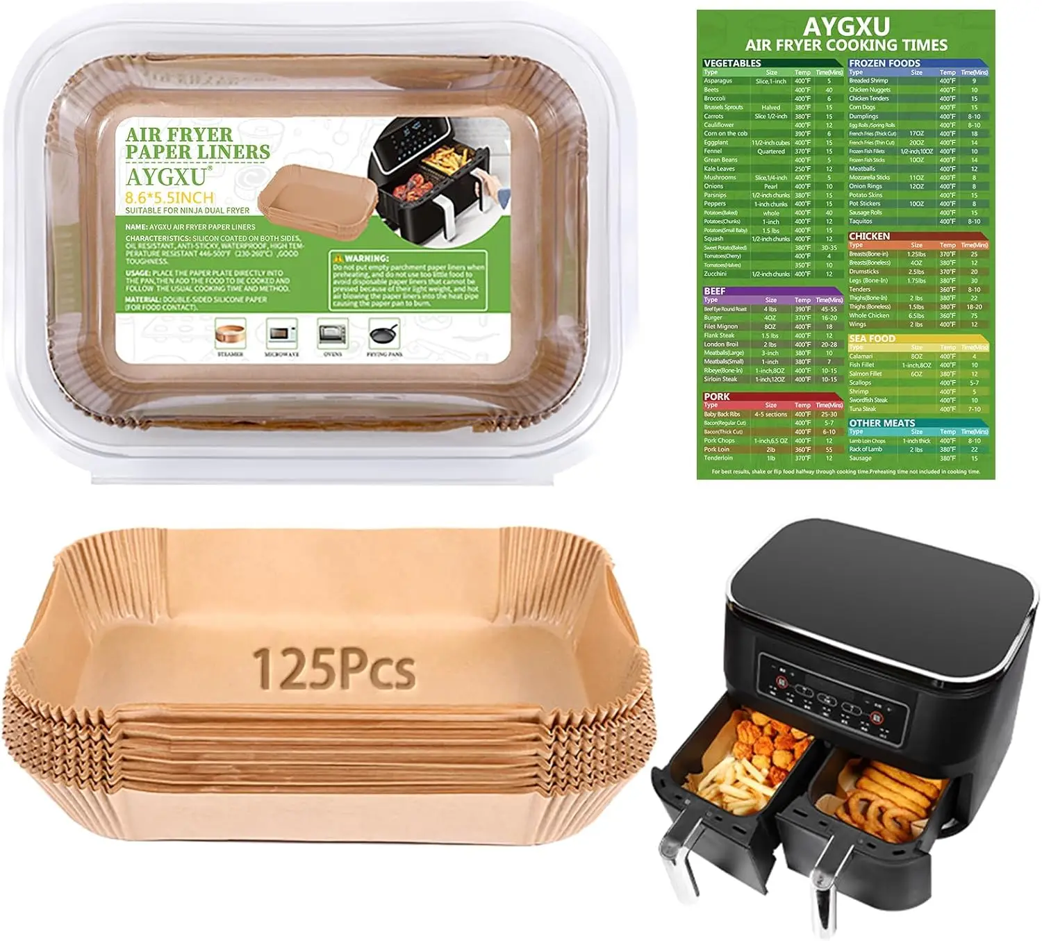 

125 шт. одноразовых вкладышей для аэрофритюрниц, бумага для выпечки для двойных аэрофритюрниц, прямоугольные 8,6''x5,5'', антипригарные аксессуары