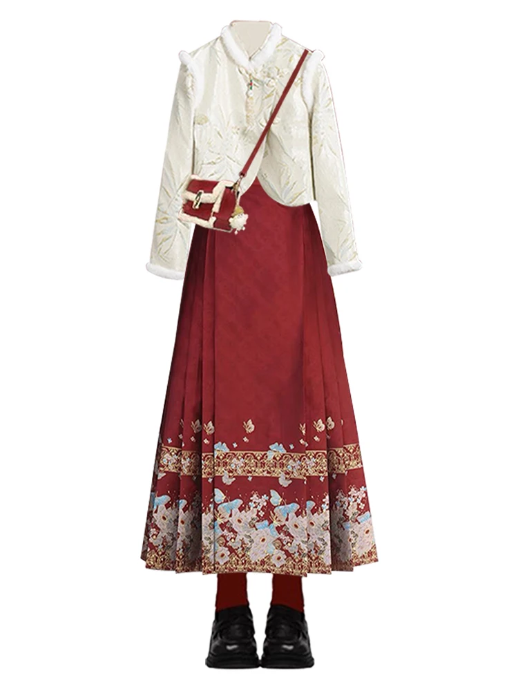 Nowy Chiński Zestaw Damski Sle, Zimowa Elegancja, Biały, Postrzępiony Wzór K, Krótki Płaszcz Pasujący do Czerwonej Spódnicy z Trenem