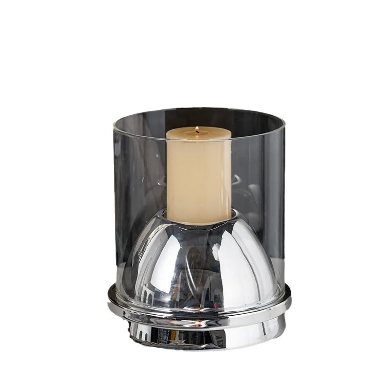 Modern light luxury high-end model room coffee table, stainless steel silver candlestick living room desktop