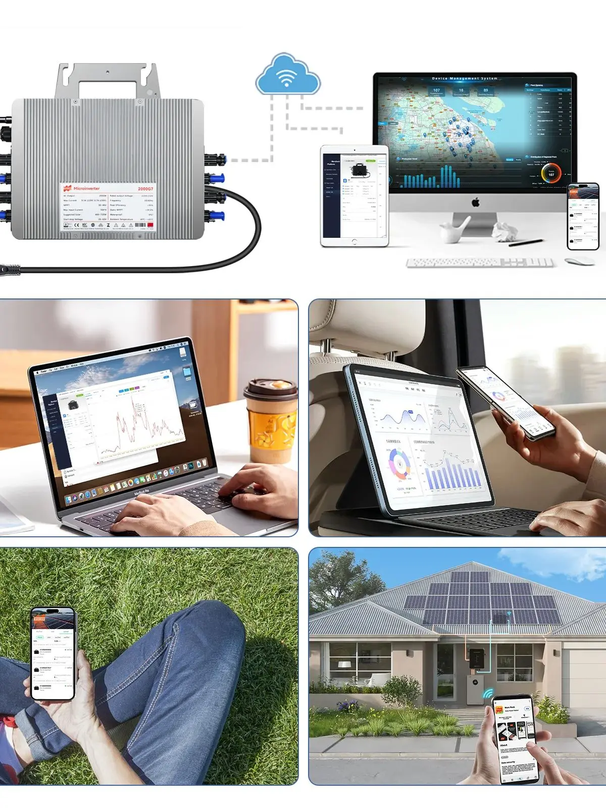 Max. 2500W MPPT Mikro-Wechselrichter DC26-60V für Solaranlagen, Hochwertiger Strombegrenzender Netzanschluss-Konverter IP67 mit T40-AC-Kabel