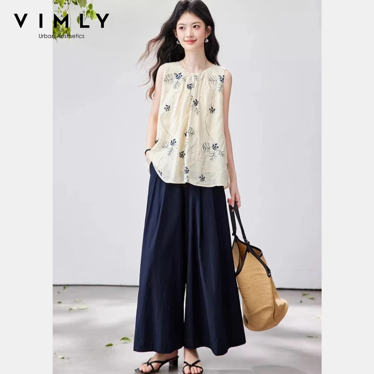

VIMLY Women's Color Block 2 Piece Set 2026 Summer Embroidery Sleeveless Top Cropped Wide Leg Pants French Vacation Outfit A6256