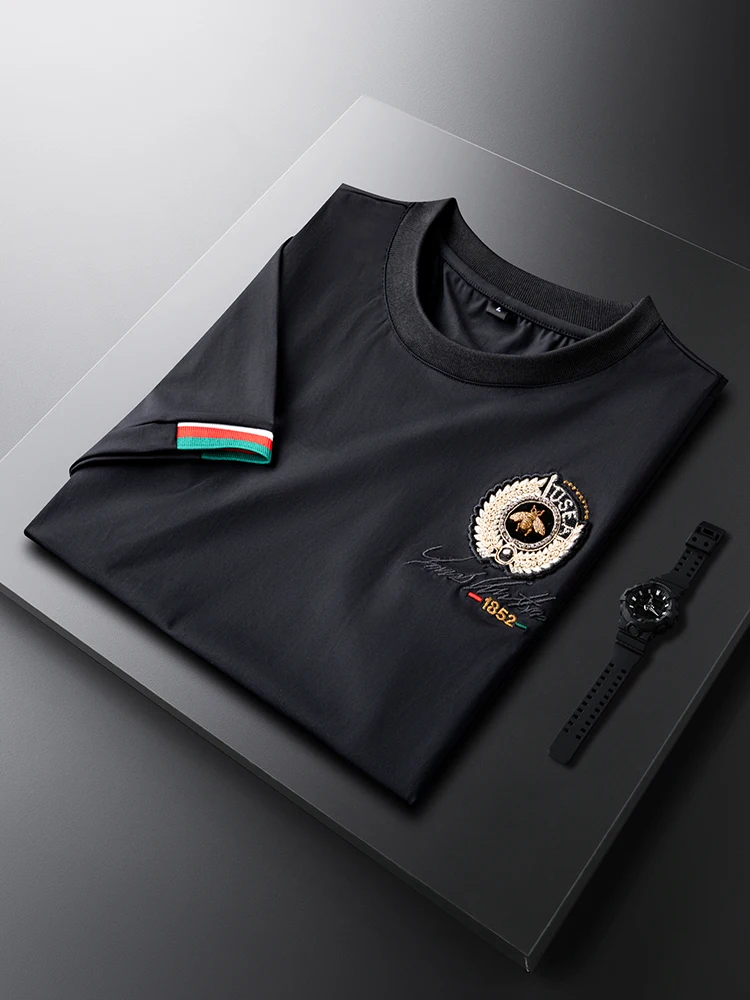 

Мужская футболка Bla Ice Silk с коротким рукавом, летняя, дышащая, с вышивкой пчелы, круглый вырез, модная