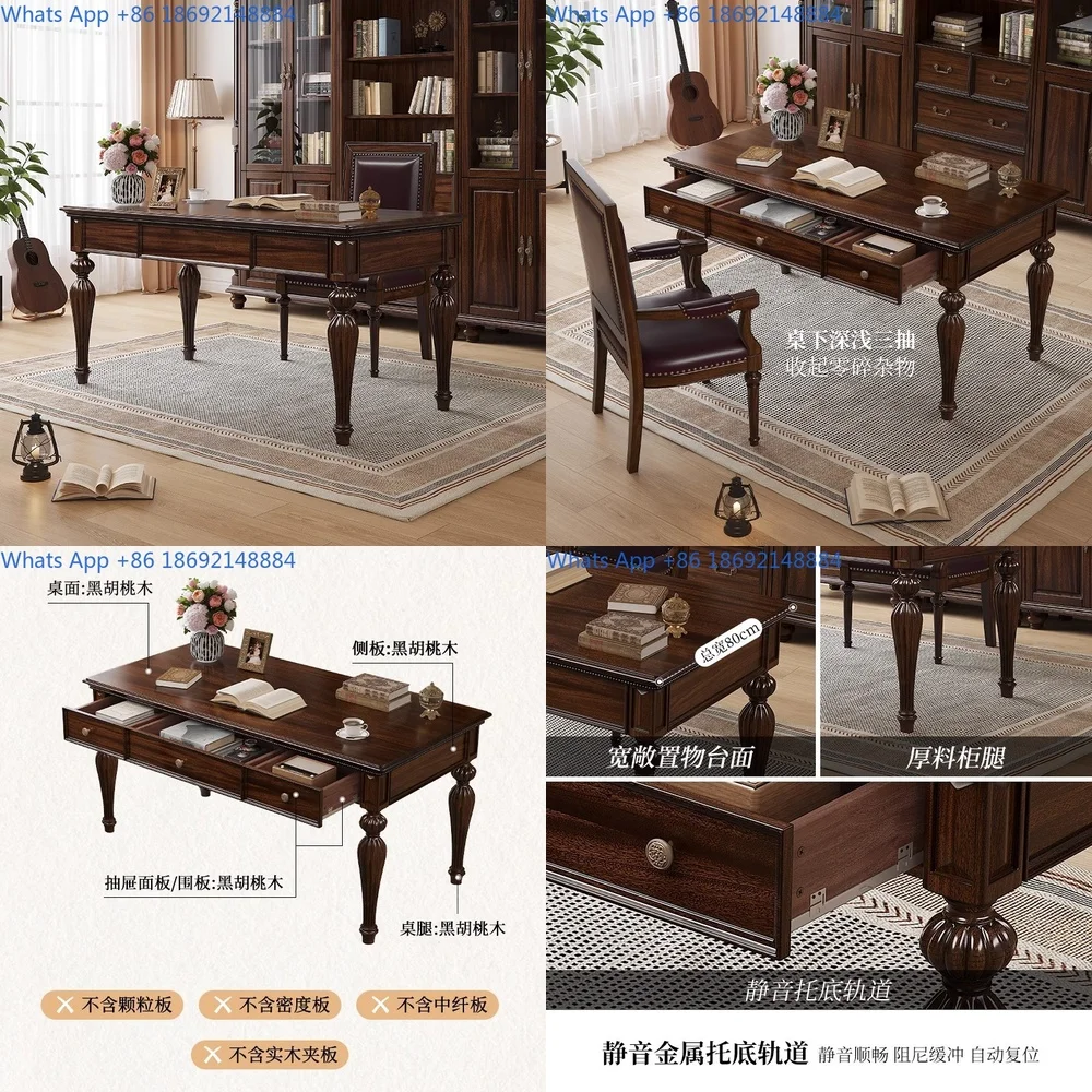 Rustic American Style Solid Wood Desk and Chair Set Rectangular Walnut Computer Study Table for Home Use