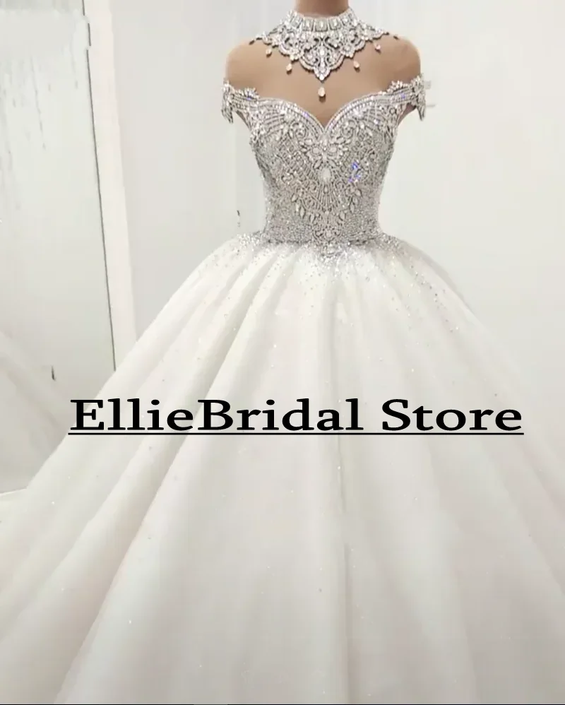 Luxury Crystal Wedding Dress For Bride 2025 High Neck Dubai Bridal Gowns Women Rhinestone robe de mariage Customized