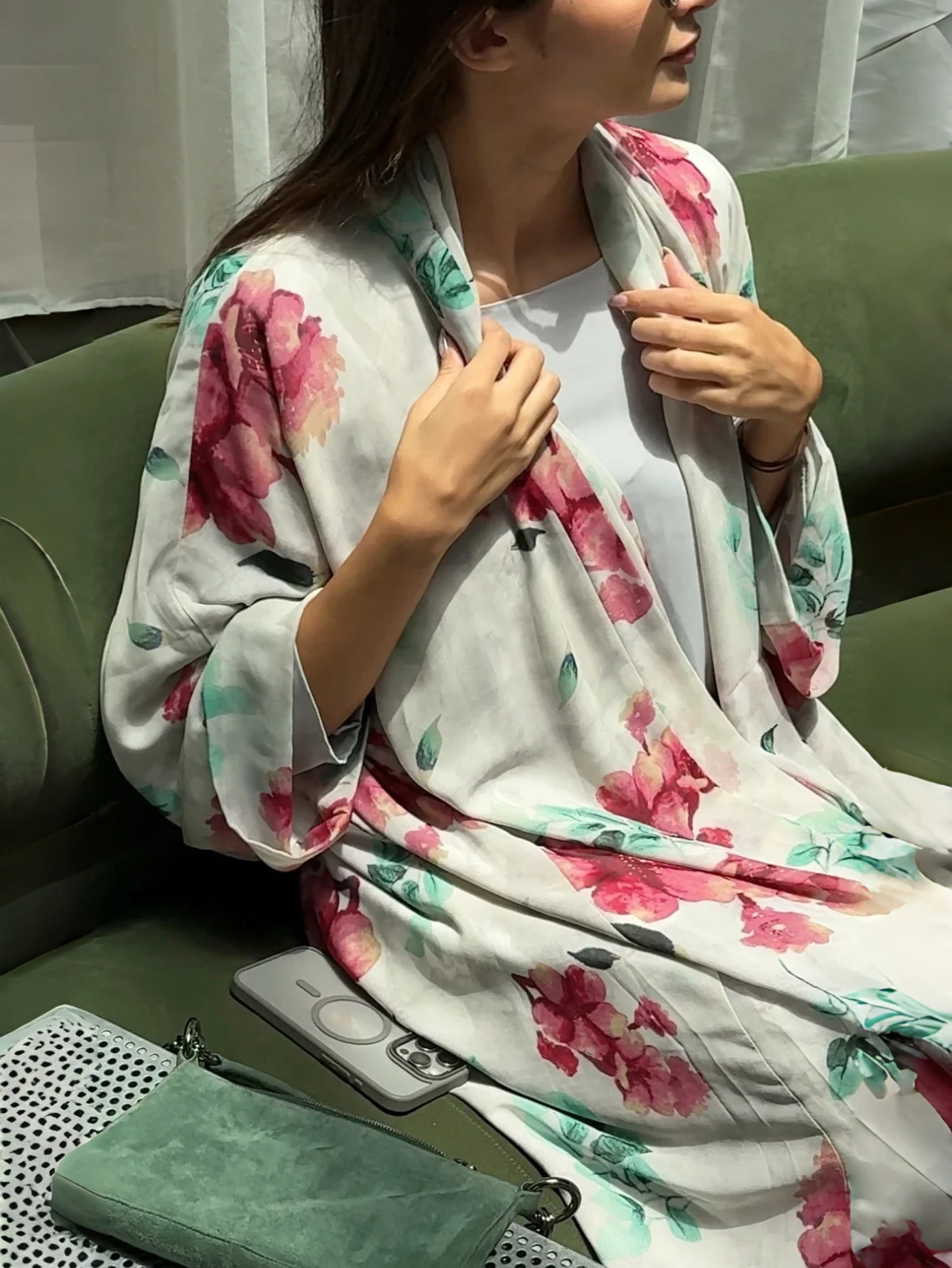 Middle Eastern Printed Floral Abaya+Hajib 2pcs Muslim Women Loose Open Front Abayas Full Sleeve Kaftans Maxi Dresses Jilbabs