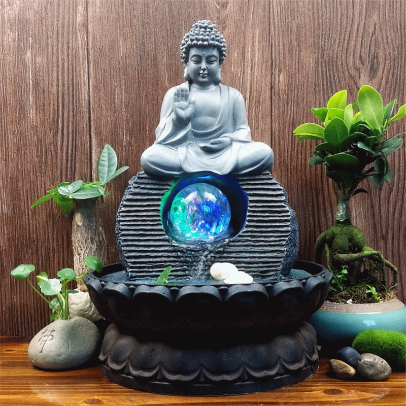

110/220V Handmade Resin Craft Gifts Zen Monk Lucky Feng Shui Led Ball Buddhist Fountain Garden Micro Landscape Decorations