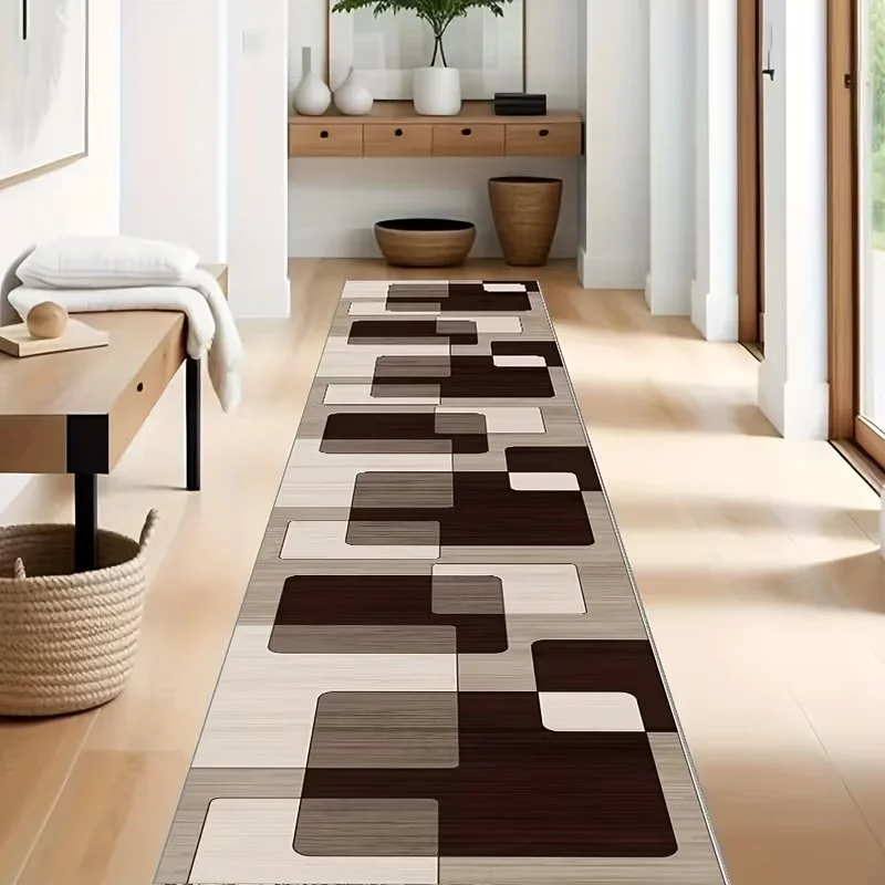 VIKAMA Zeitgenössischer Holzton-Teppichläufer, quadratisch, strapazierfähig, dünn, rutschfest, lange Matte für Flur, Schlafzimmer, nordische Heimdekoration
