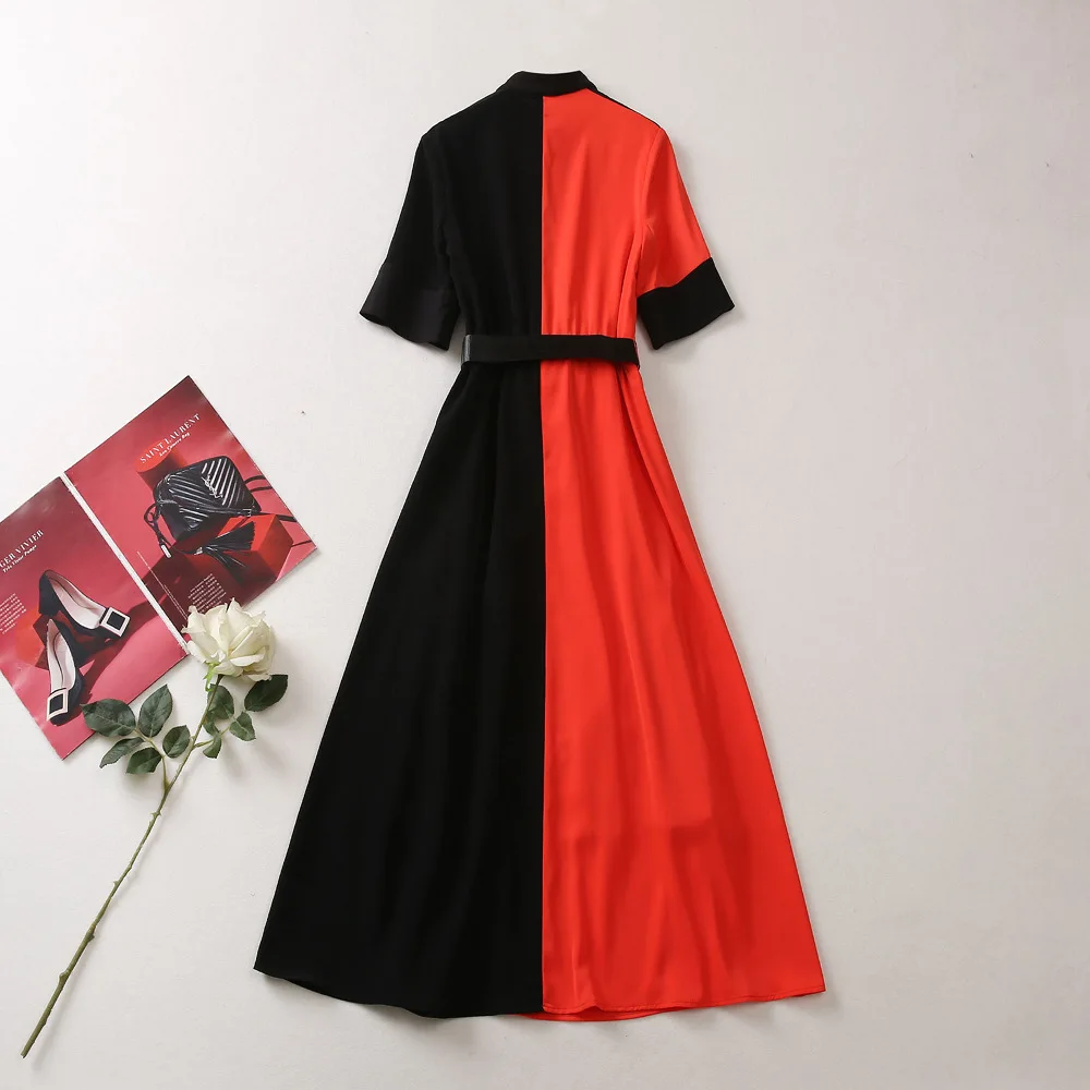 ZJYT Summer Designer Runway Elegant Dresses for Women 2025 New Short Sleeve Hit Color Midi Casual Dress Vestidos with Belt