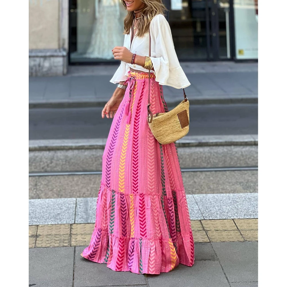 

Summer Vacation Tied Detail Floral Print Ruched Maxi Skirt Women Casual High Waist Ruffles Long Skirts Korean Style Outfits