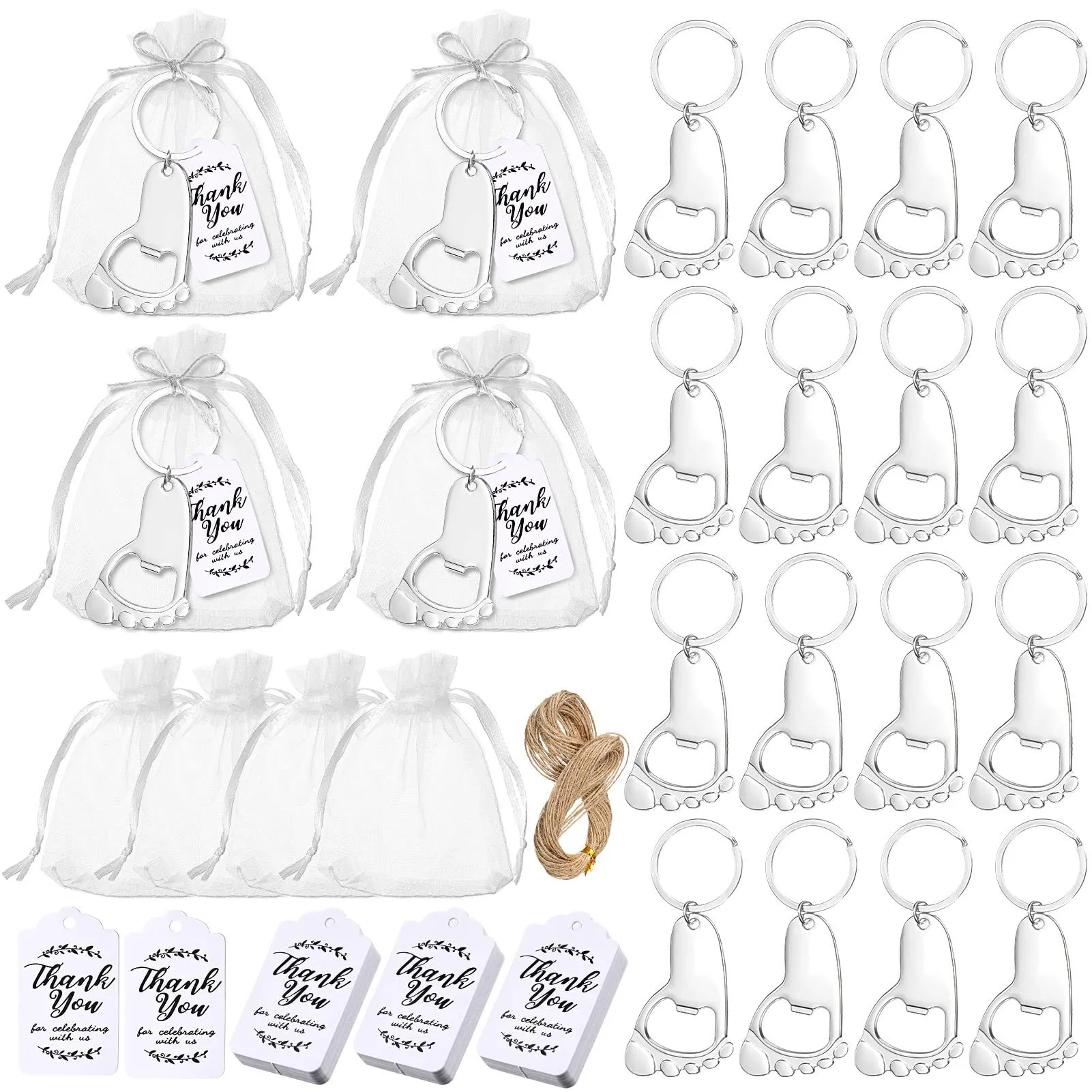 

24 Sets Baby Footprint Keychain Party Favors with Organza Bags Thank Tags Rope for Baby Shower Party Baby Shower Party Favors