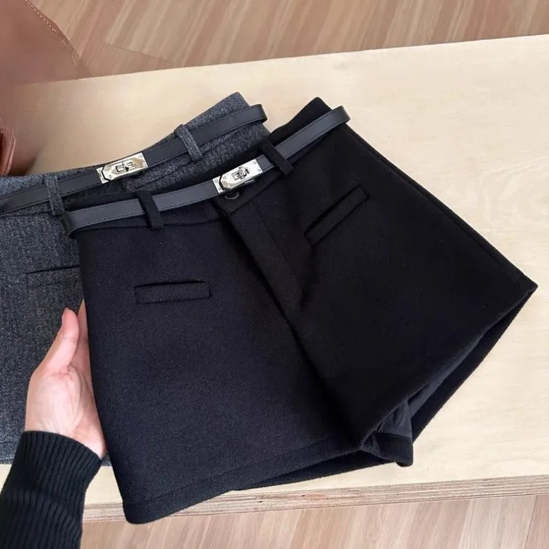Y2k Woolen Shorts Mujer Solid Autumn Winter High Waist Woman Pants Korean Fashion Versatile Pantalones Cortos