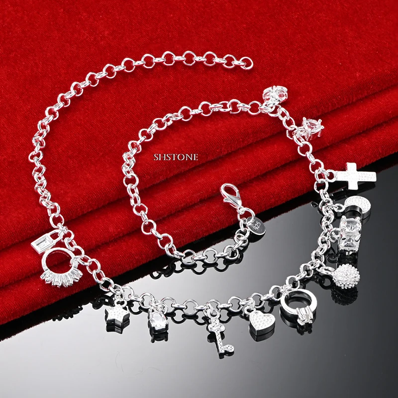 Pretty 925 Sterling Silver Chain Lock/Heart/Moon/Cross/Star Pendants Necklace For Woman Wedding Party Birthday Fashion Jewelry