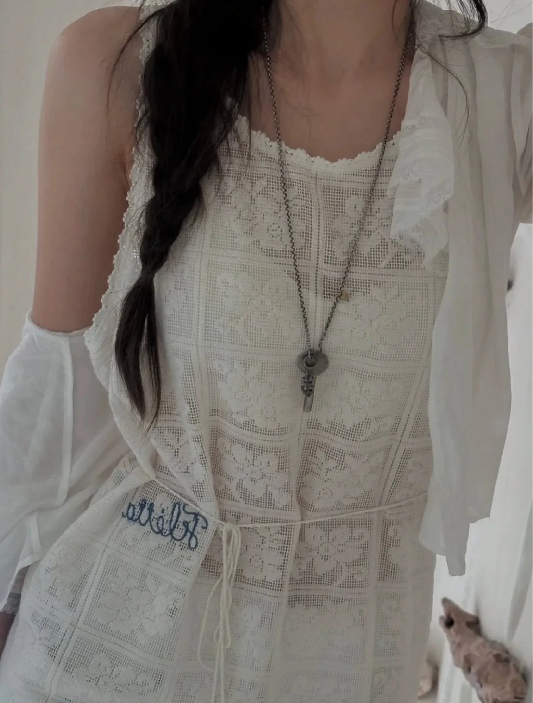 

Fletta Dongda Gate Vintage Hollow out Lace Patchwork Svel Midi Dr Women's Commute Sle Slim Fit round Ne Cotton D...