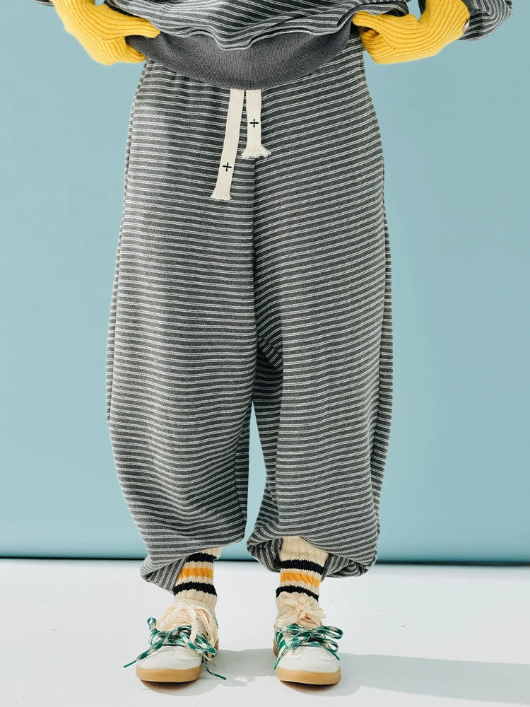 IMAKOKONI original design elastic waistband striped gray strap loose casual Japanese pants 244874