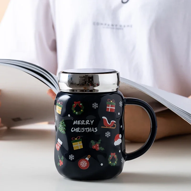 

# Wholesale Christmas Water Cup With Mirror Cover Black Christmas Design Cartoon Ceramic Christmas Cup #