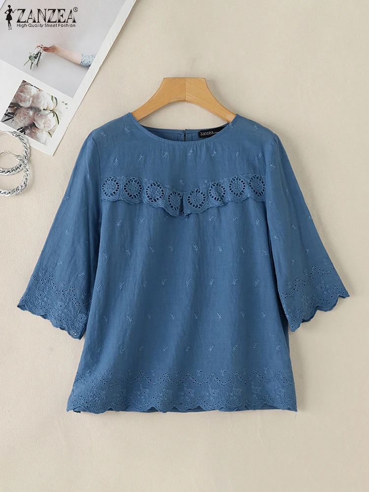 ZANZEA Summer Blouse Women Elegant Embroidery Floral Shirt Fashion Casual Ruffles Hem Tops Loose O Neck Half Sleeve Work Blusas