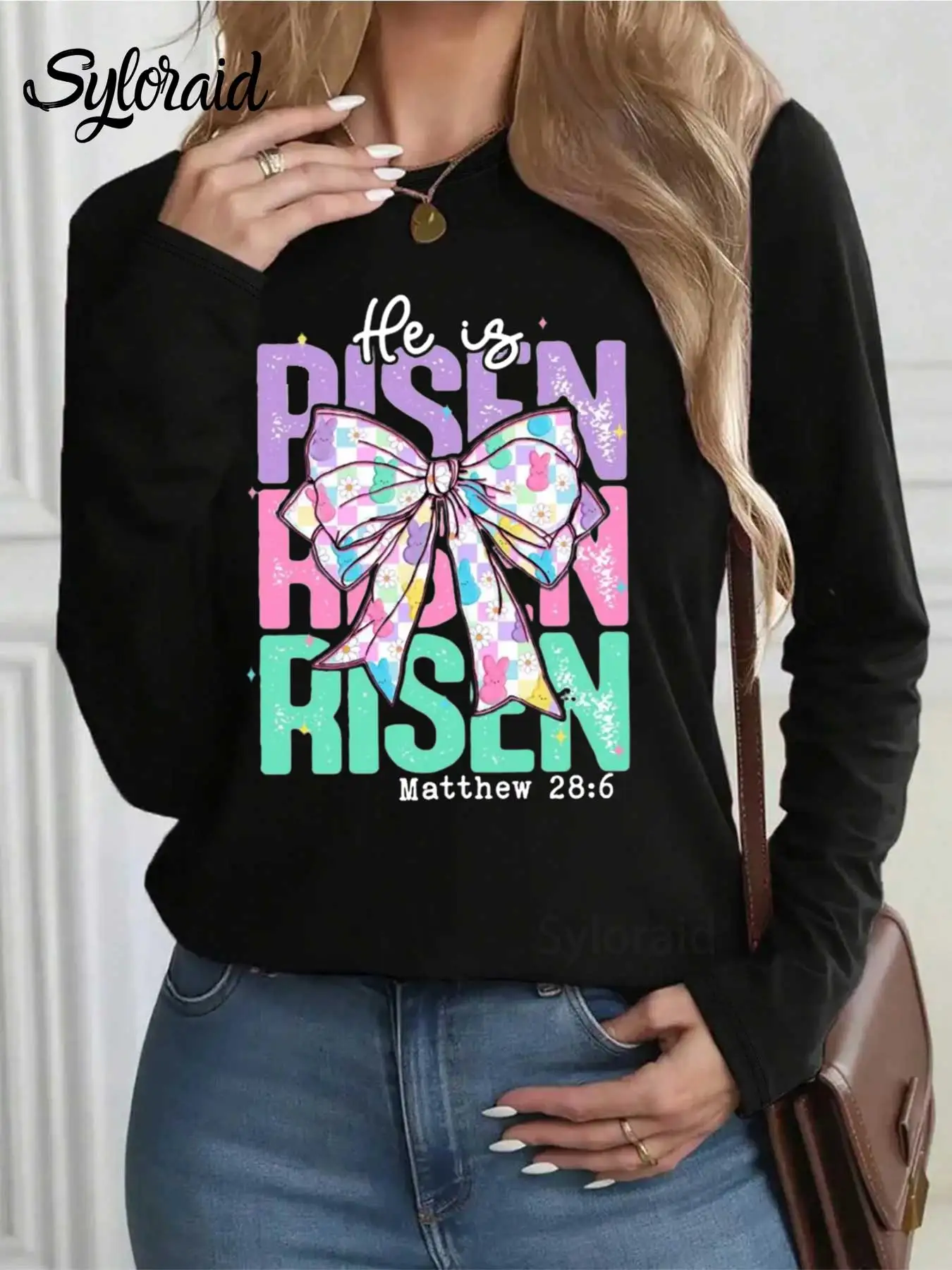 レディース長袖Tシャツ イースター キリスト教 バニー リボンTシャツ レトロ 彼は復活しました リボンシャツ ファッション ラウンドネック カジュアルトップ