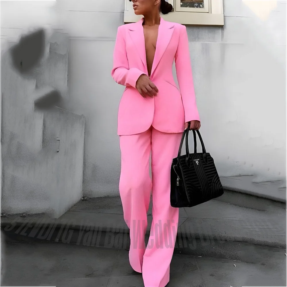 Pink Women 2 Piece Suit Single Breasted Slim Blazer Pants Custom Formal Office Wedding Party Prom Business Elegant Lady Outfit