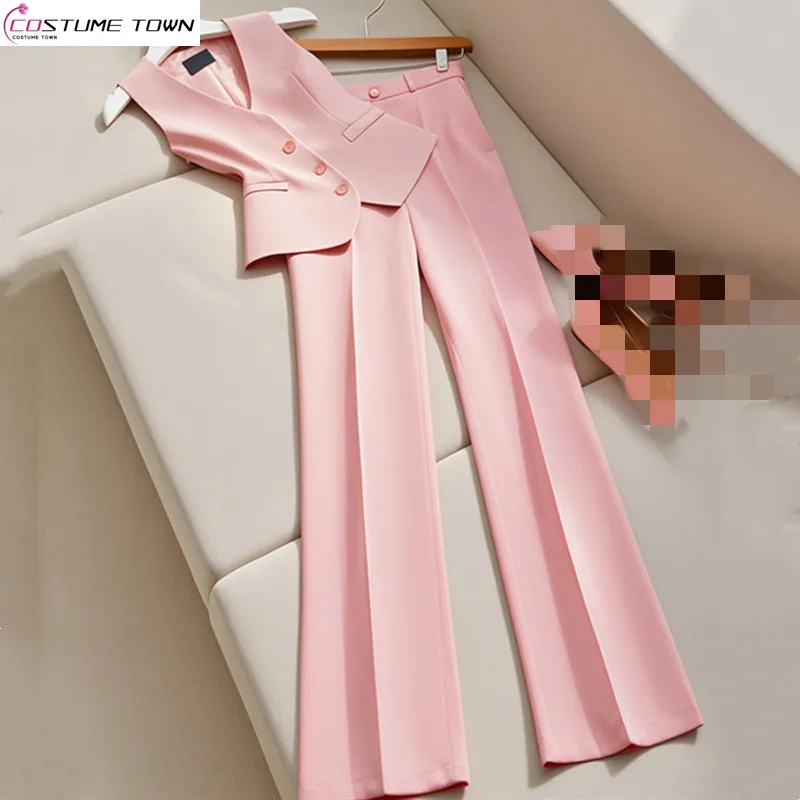 

Korean version new style high-end small fragrance pink suit vest+fashionable wide leg pants two-piece set