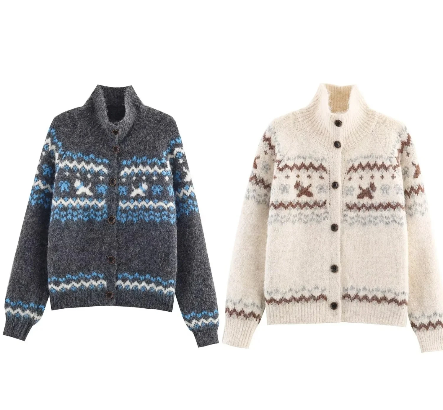 

Women Jacquard Knitted Coat Soft Sweater Lady Cardigans Female Stand Up Collar Long Sleeve Cardigan Clothing