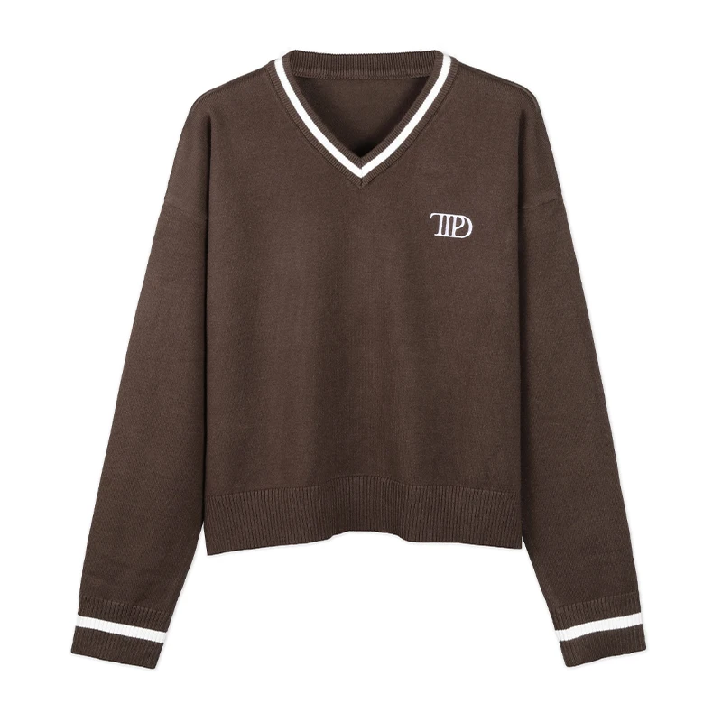 TS Cropped Knit Sweater TTPD Knitted Pullover Women Tops Autumn Winter Long Sleeves V-neck Loose Knitwear Jumper Taylor's Merch