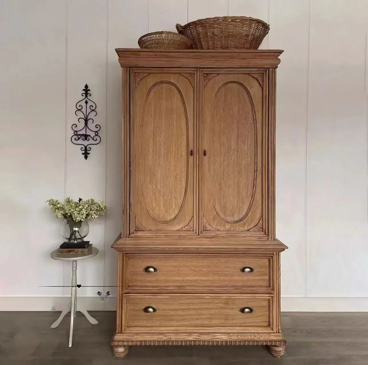 Q  vintage solid wood side-by-side door wardrobe children's storage cabinet carved vintage wardrobe  FT