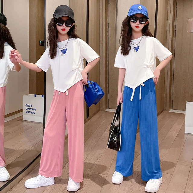 Moda adolescente 2023 set di vestiti per ragazze estate bambini camicie a maniche corte pantaloni lunghi a gamba larga abbigliamento per bambini 8 10 12 14 anni AliExpress