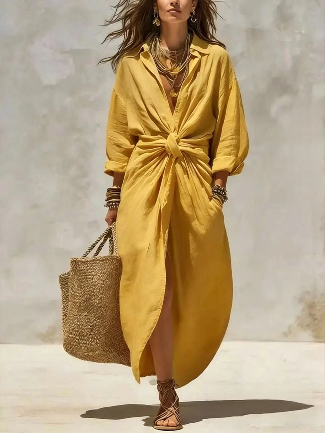 Boho White Linen Cotton Shirt Dress Long Sleeve High Waist Knot Maxi Dress Casual Loose Split Hem Summer Beach Dresses for Women view 5
