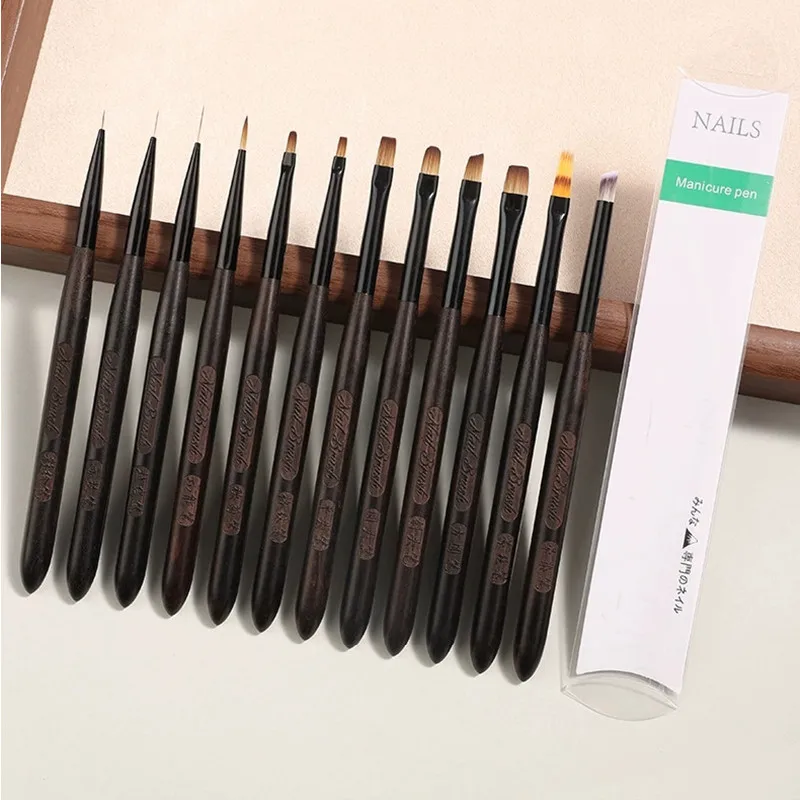 1/12PCS Ronde Houten Handvat Tekening Borstels Voor Manicure Lijnen Schilderen Gradiënt UV GEL Uitbreiding Builder Tekening pen Sandelhout