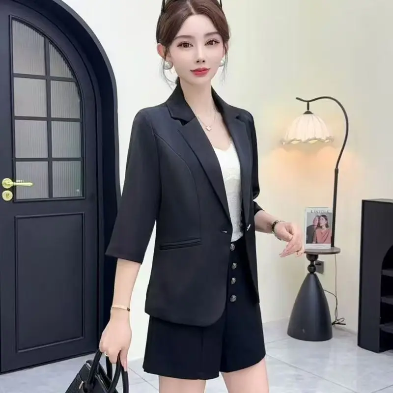 Spring Summer 2026 Women's Slim Fit Short Professional Blouse Style Seven Sleeve Thin Outerwear Breathable Polyester Fiber