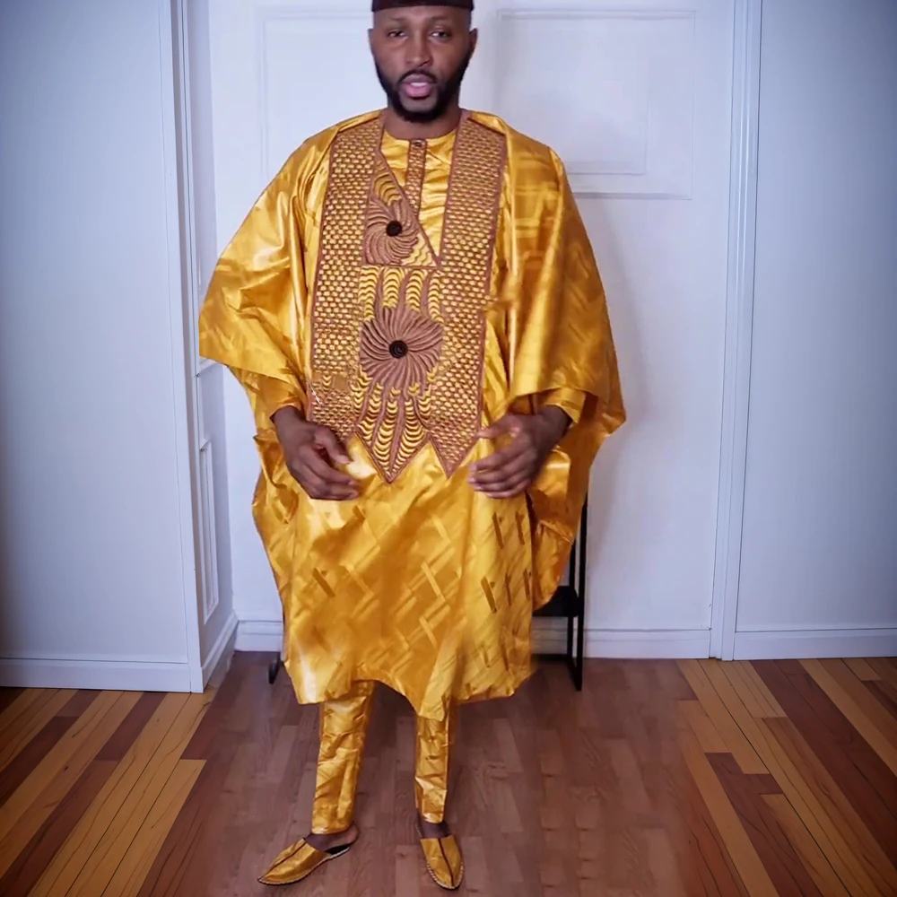 

H&D New African Clothes for Men Traditional Wear Formal Bazin Riche Dashiki Earthy yellow Shirt Pants Robe Suit African Clothing