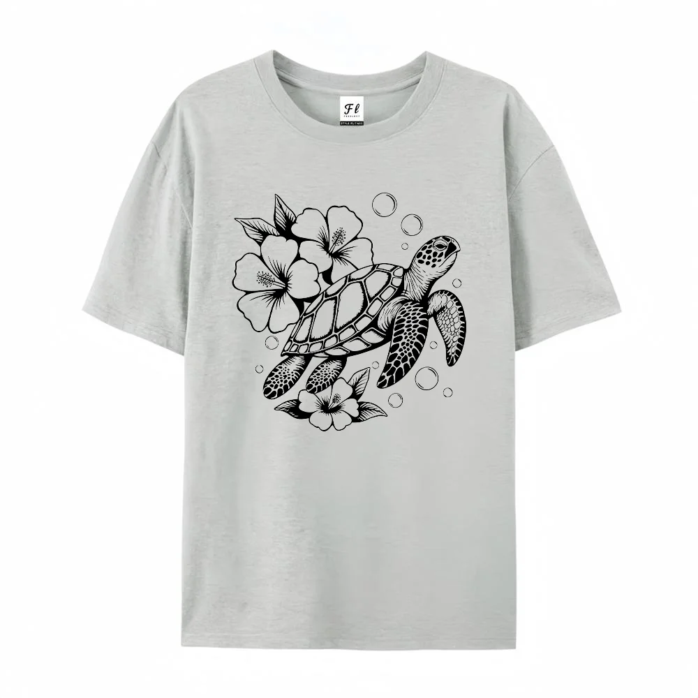 Women T Shirt Sea Turtle Hibiscus Flower Print Short Sleeve Summer Crewneck Casual Tee Beachwear Top Clothing Streetwear