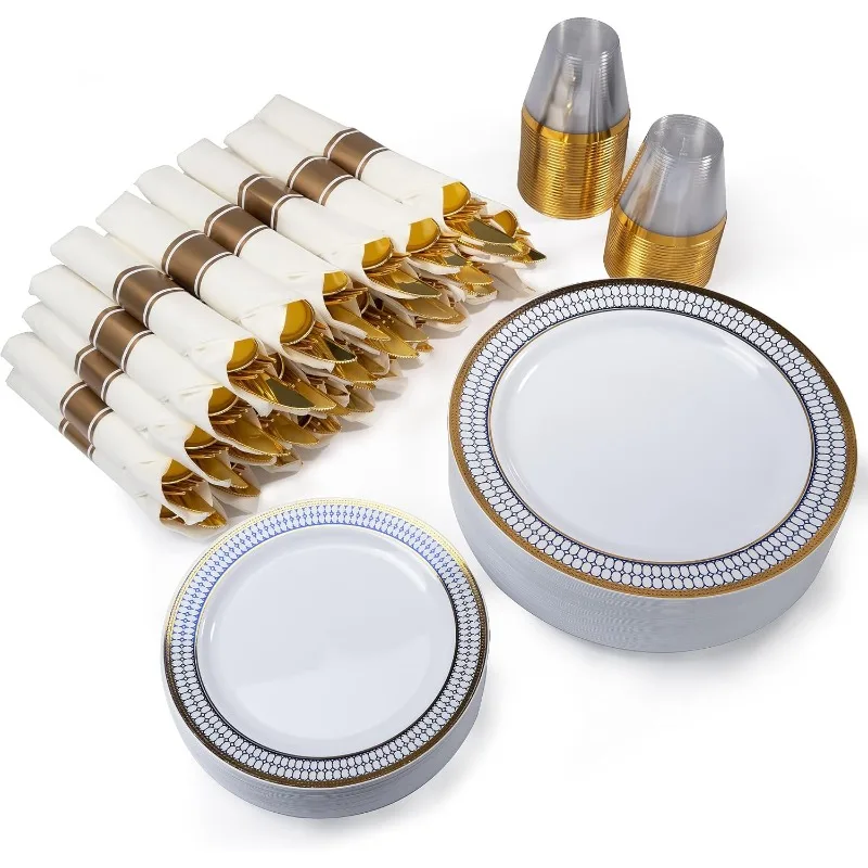 350Pcs Blue and Gold Plastic Silverware Set for 50 Guests, Disposable Dinnerware Set includes: 50 Pre Rolled Napkins