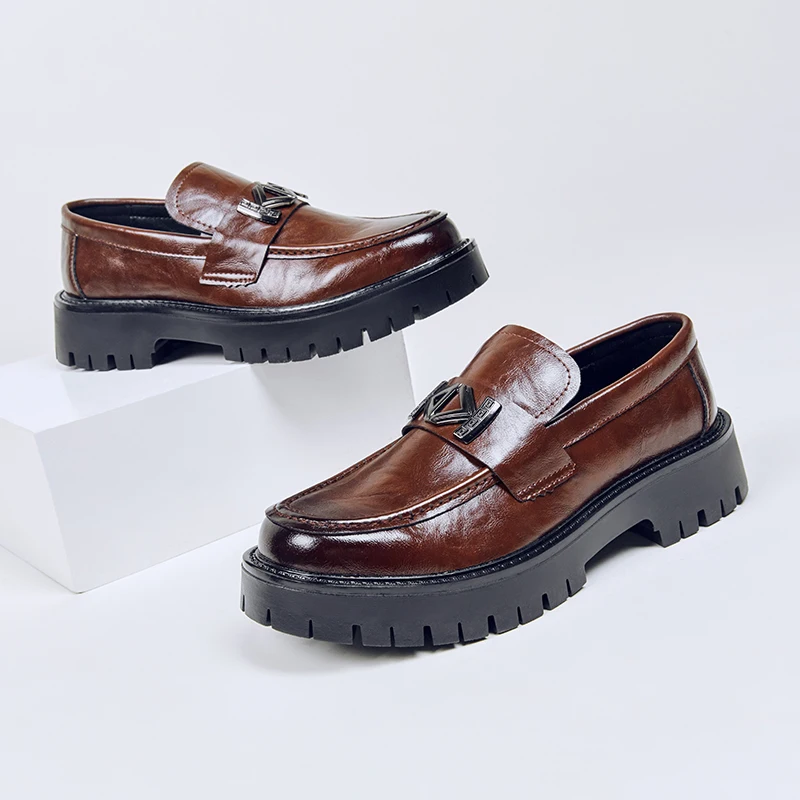 

New Season Thick Bottom Heightening Men's Casual Leather Shoes Slip-On Four Seasons Platform Fashion 5CM Thick Sole Men Shoes