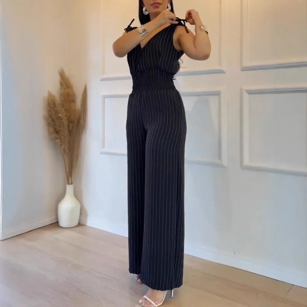 

Jumpsuits Striped V-Neck Sleeveless Women High Waist Overall Pants Casual Tied Detail Shirred Cinch Jumpsuit