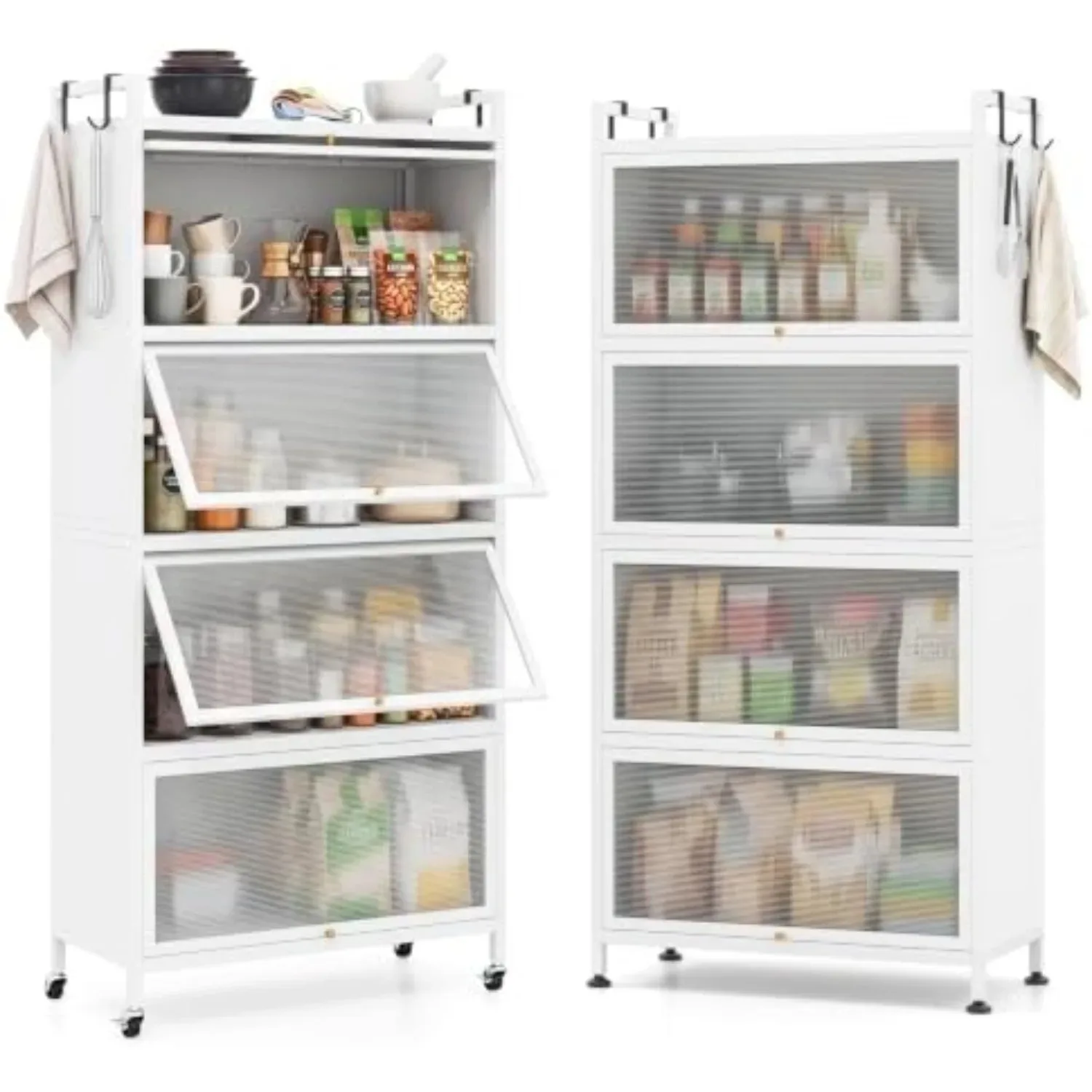 5-Tier Kitchen Storage Cabinet, 4 PC Doors, Rolling Wheels (White) | Mobile Metal Pantry Cabinet with 4 Hooks &