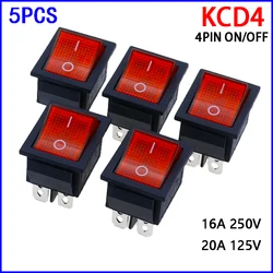 5pcs 2 posições interruptor de balancim luz vermelha 16A/250V KCD4-20 4 pinos interruptores ON/OFF 35x25.5x10mm