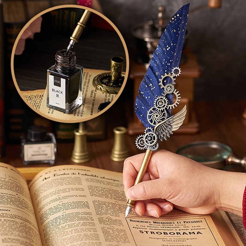 8 In1 Machine Feather Dip Pen Set,Ink-Containing,Creative Quill Writing Artist Calligraphy Signature Pen,Holiday Gift Giftboxed
