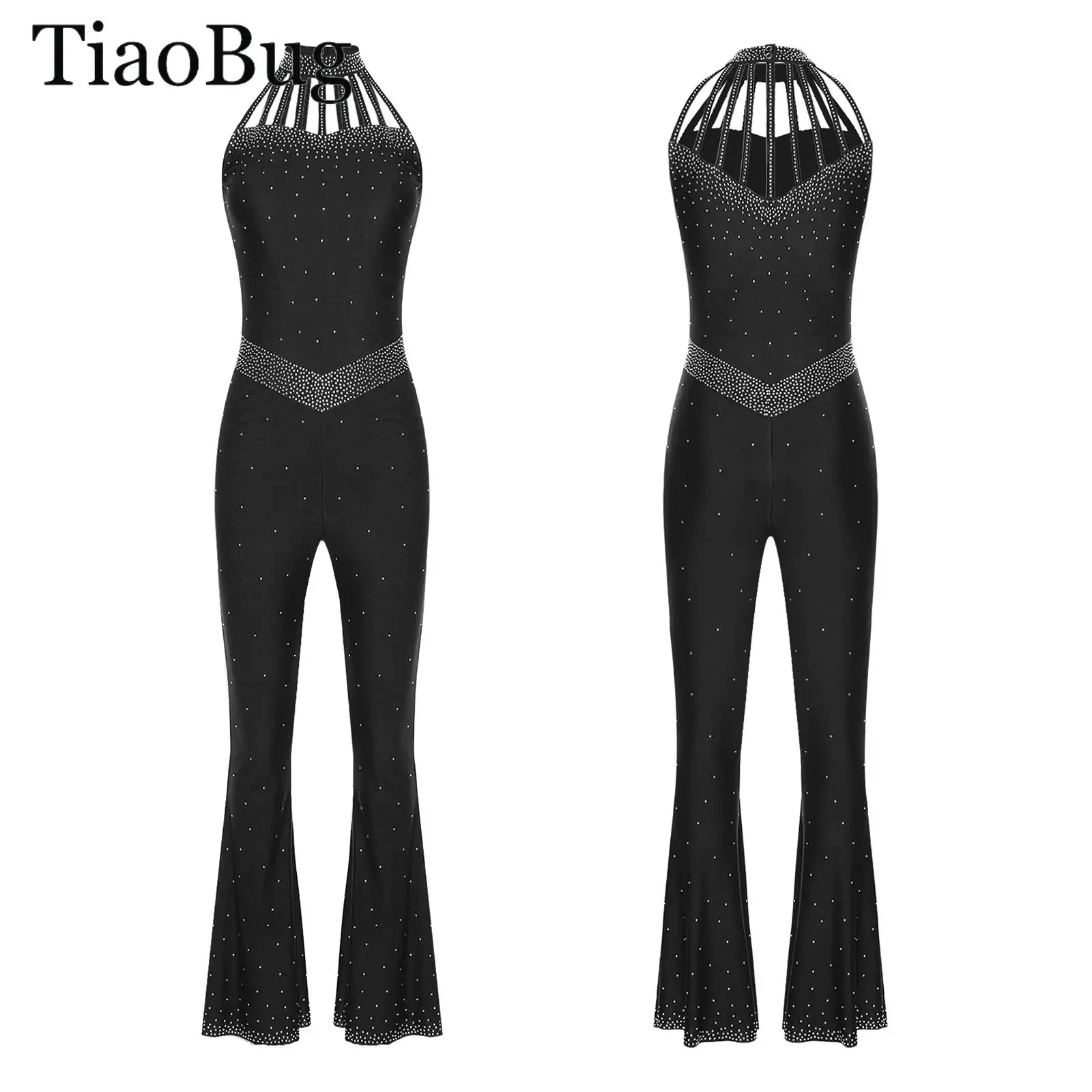 

Women Gymnastics Leotard Jumpsuit Halter Neck Sleeveless Rhinestones Ballet Dance Acrobatics Figure Skating Bell-Bottom Bodysuit