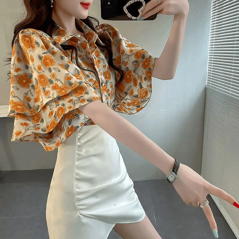 Ladies Fashion Printing Turn-down Collar Short Sleeve Blouse 2024 New Summer Fashionable Pleated Buttons Women\'s Shirt Sweet