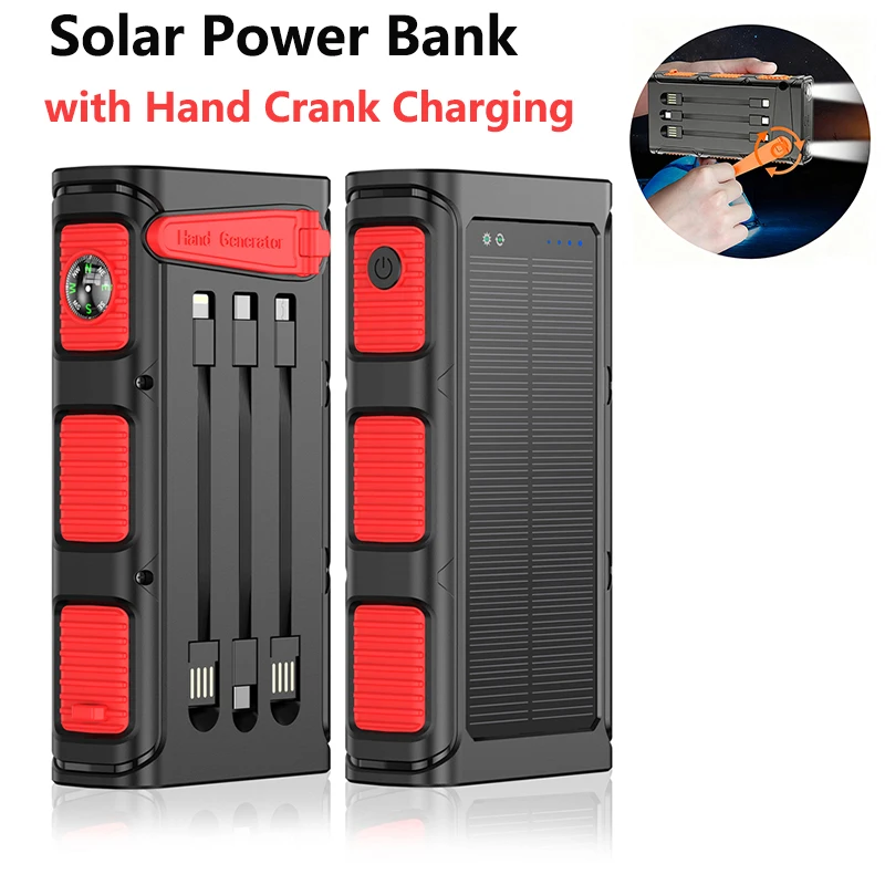 Waterproof Solar Power Bank 30000mAh with Hand Crank Camping Light Portable Fast Charger Powerbank for iPhone 17 Samsung Xiaomi
